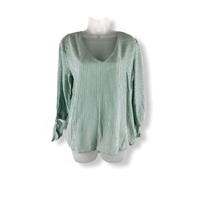 H&M L.O.G.G. Green Striped V-neck Tunic Top Size 4